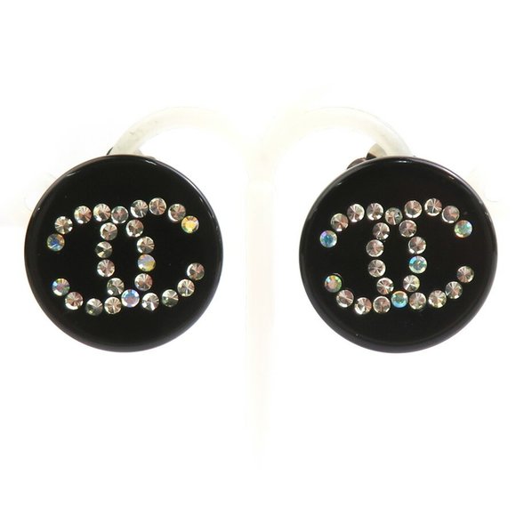 CHANEL Coco Mark Earrings, Resin, Metal, Black, Silver, Women's, e61020j